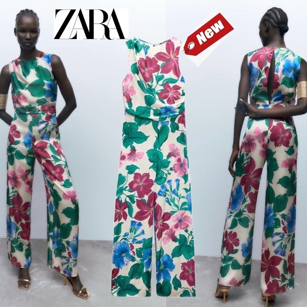 Zara floral flower print satin effect sleeveless jumpsuit Sz S NWT tropical